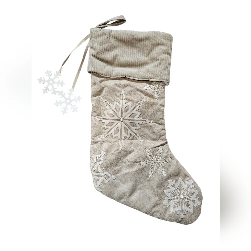 2 Holiday Stockings, Red and Cream with Embroidered Snowflakes